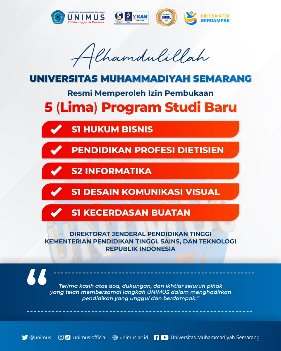 Alhamdulillah, informasi Penerimaan Mahasiswa Baru kunjungi pmb.unimus.ac.id