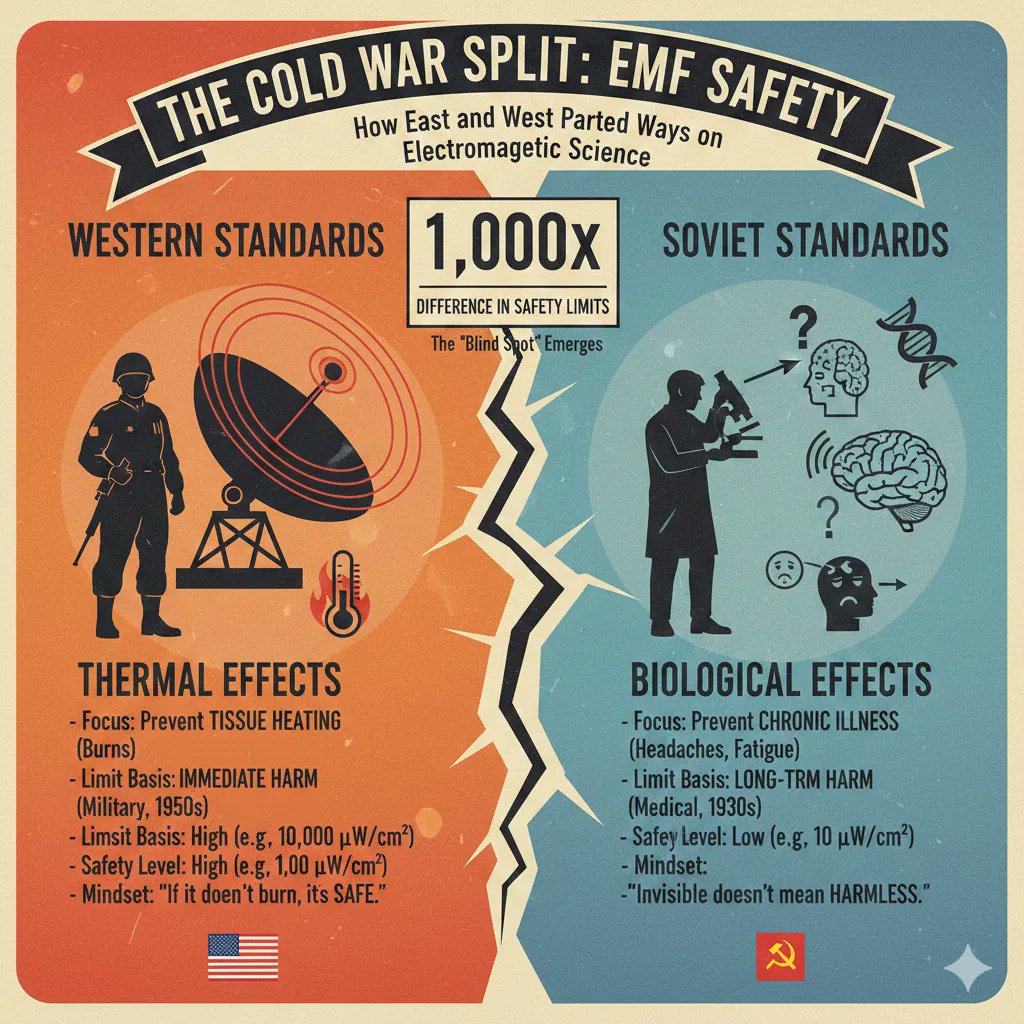 living_energy's tweet image. The 49ers spend days on end in their facilities under elevated magnetic fields—levels thousands of studies link to biological effects, yet official guidelines say it's “perfectly safe” because they only look for heating.

This blind spot goes back to the Cold War.

THREAD 🧵