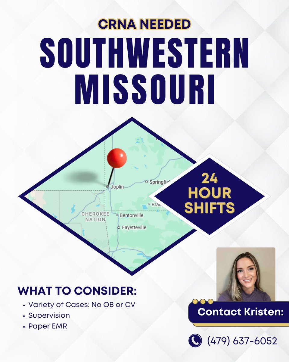 24 Hour CRNA shifts in SW Missouri! 

FT W2 positions available. 

Reach out to Kristen Owens for more information. 
Call or text: (479) 637-6052 
Email: Kristen.Owens@achcstaffing.org

#GetACCESS #CRNAjobs