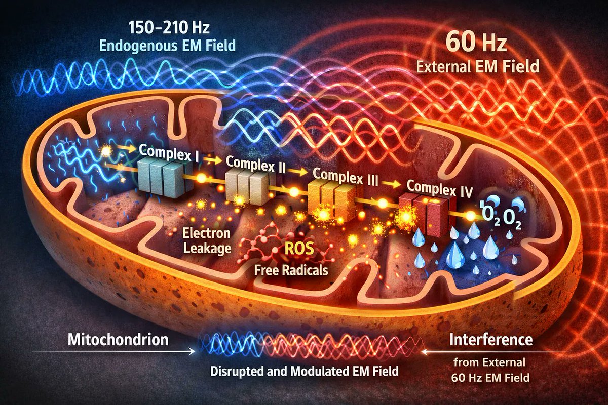 living_energy's tweet image. So how exactly do these everyday 60 Hz fields weaken tendons?

It starts inside the cell’s power plants: mitochondria.

Pathway 1 – Mitochondrial sabotage:

The electron transport chain generates its own tiny high-frequency EM field. The stronger 60 Hz field from the substation…