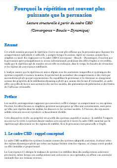 CrowdConsciou's tweet photo. Ce document montre que la répétition est souvent plus puissante que la persuasion car elle agit sur la structure des systèmes humains plutôt que sur les arguments.

À travers le cadre CBD, la persuasion apparaît comme ponctuelle et fragile, tandis que la répétition renforce des boucles de rétroaction qui stabilisent les comportements dans le temps.

La répétition normalise des récits indépendamment de leur véracité, en abaissant les résistances cognitives et en favorisant la familiarité.

Cette dynamique explique la persistance d’idées fausses, les inerties sociales et la polarisation, sans invoquer l’irrationalité.

Le changement durable dépend donc moins de convaincre que d’installer de nouvelles convergences par accumulation.