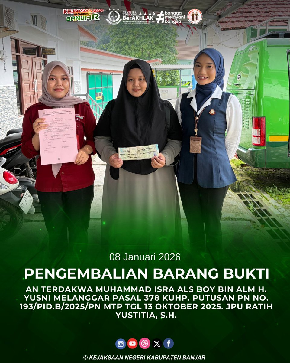 instagram.com/p/DTO7UevD91a/…
Kamis, 08 Januari 2026 telah dilaksanakan Pengembalian BB an terdakwa MUHAMMAD ISRA ALS BOY BIN ALM H. YUSNI melanggar Pasal 378 KUHP. Putusan PN No. 193/Pid.B/2025/PN Mtp tgl 13 Oktober 2025. JPU Ratih Yustitia, S.H.
<a href="/KejaksaanRI/">Kejaksaan RI</a>