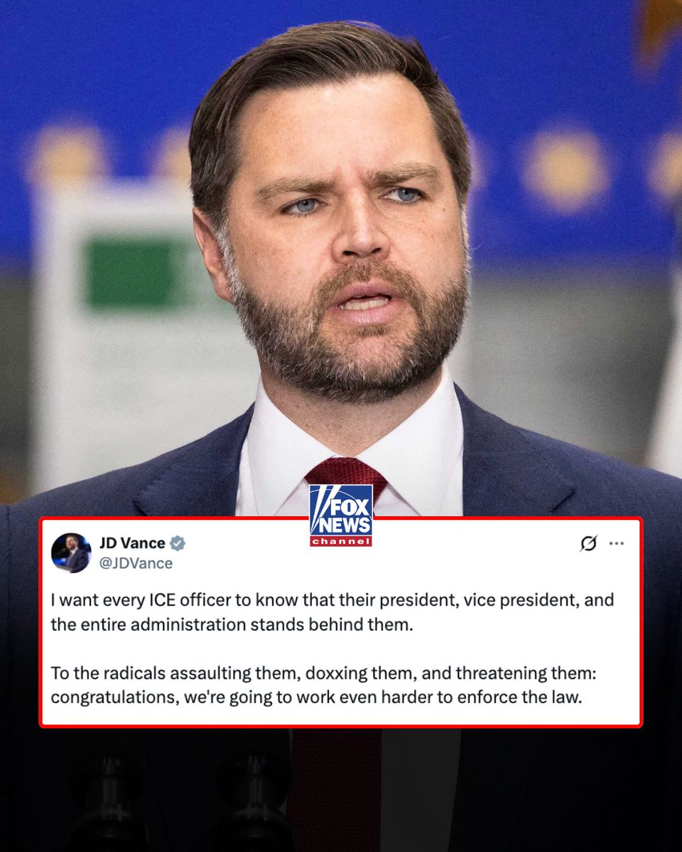 FoxNews's tweet image. FULL SUPPORT: VP Vance reiterated Wednesday night that the entire Trump administration stands behind ICE officers.