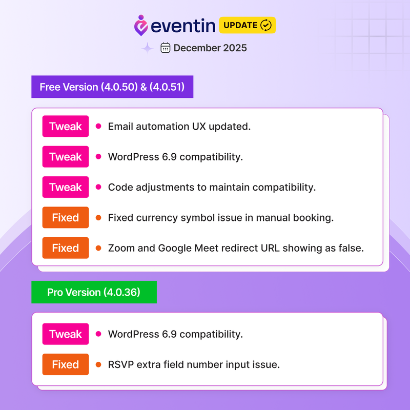 Themewinter's tweet photo. 🚨 Eventin’s December Update is Here! 

We’ve made some significant improvements across both free and pro versions of Eventin 4.0.

👉 See what's new in Eventin: https://t.co/g4NCcP1mYw 

#Eventin #PluginUpdate #EventManagement #EventTools #ThemeWinter https://t.co/AYzVoSaxk9