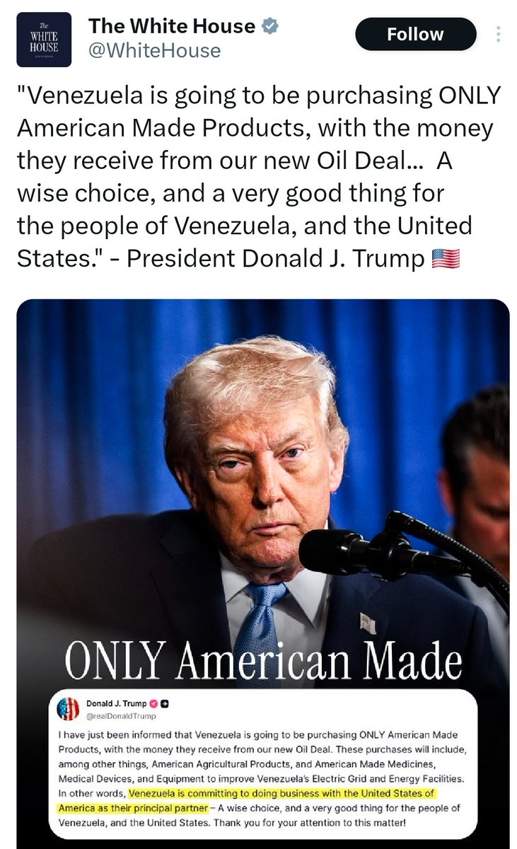 MOTHER OF ALL ROUND TRIPPING BY KING COLONIZER TRUMP. 

So U.S. sells Venezuelan oil. Takes the money shares a bit with Venezeula then asks their puppets running Caracas to use the money to buy U.S. made products.
BRITISH EAST INDIA COMPANY 2.0.!