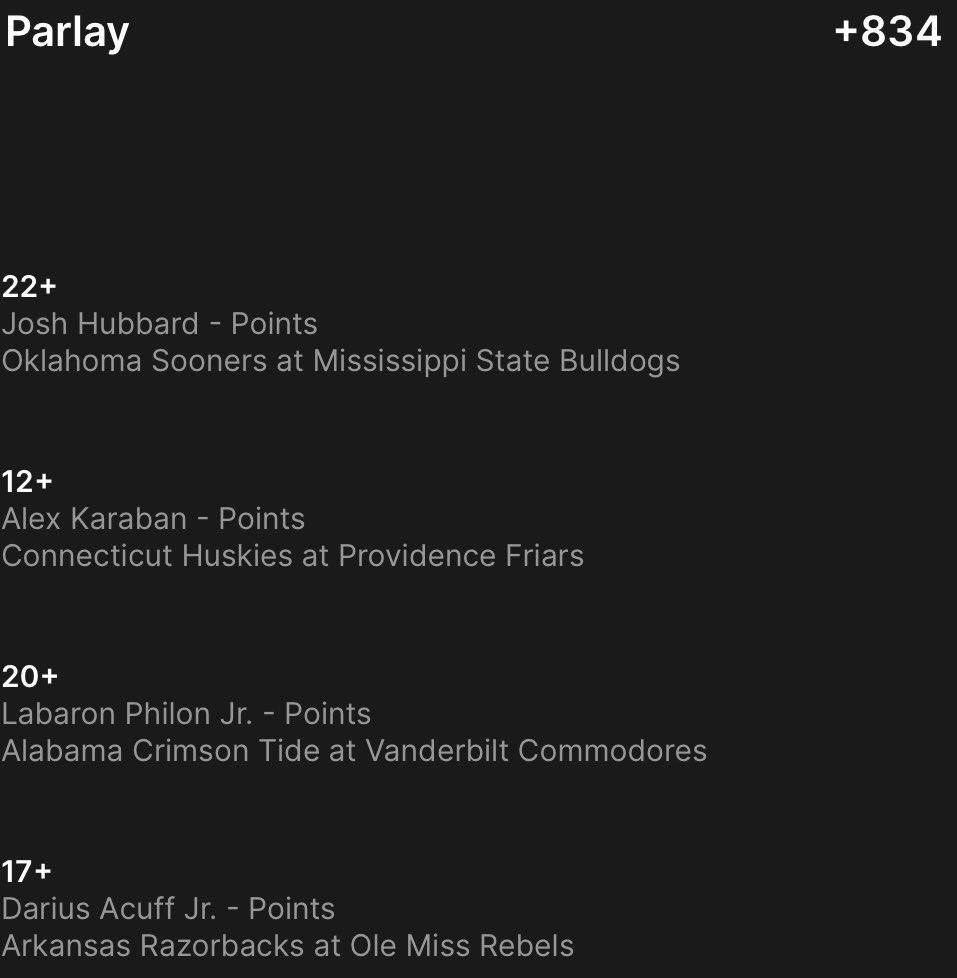 BigGambleGuy's tweet photo. +834 4-Leg CBB Points Parlay

Hubbard 22+
Karaban 12+
Philon 20+
Acuff 17+

Matchups line up, key numbers are in play, and the talent is there. Just need these guys to do what they do.

#CBB #GamblingX https://t.co/SIRDK0A1Ei