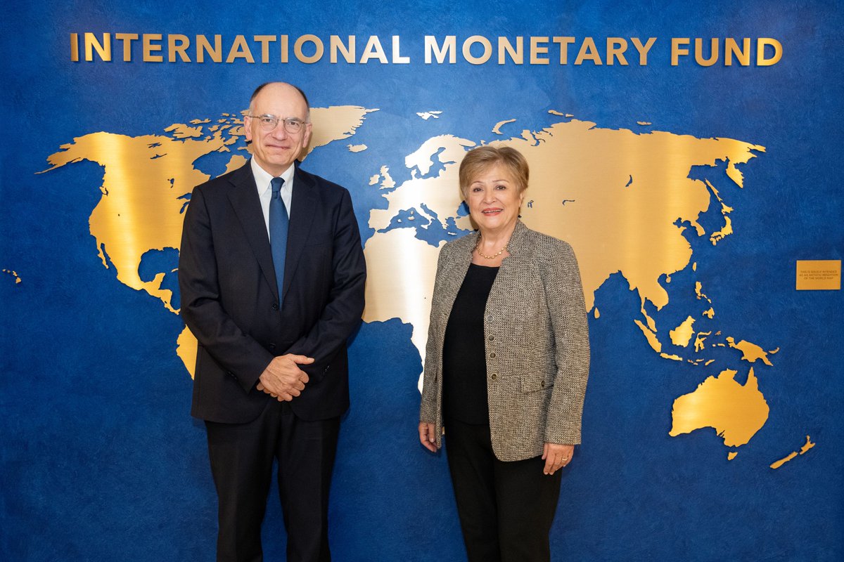 KGeorgieva's tweet image. Pleased to welcome @DelorsInstitute President @EnricoLetta to the IMF. Fully aligned with his views that the EU single market is the foundation for Europe’s continued prosperity and resilience. The continent’s economic future depends on it!