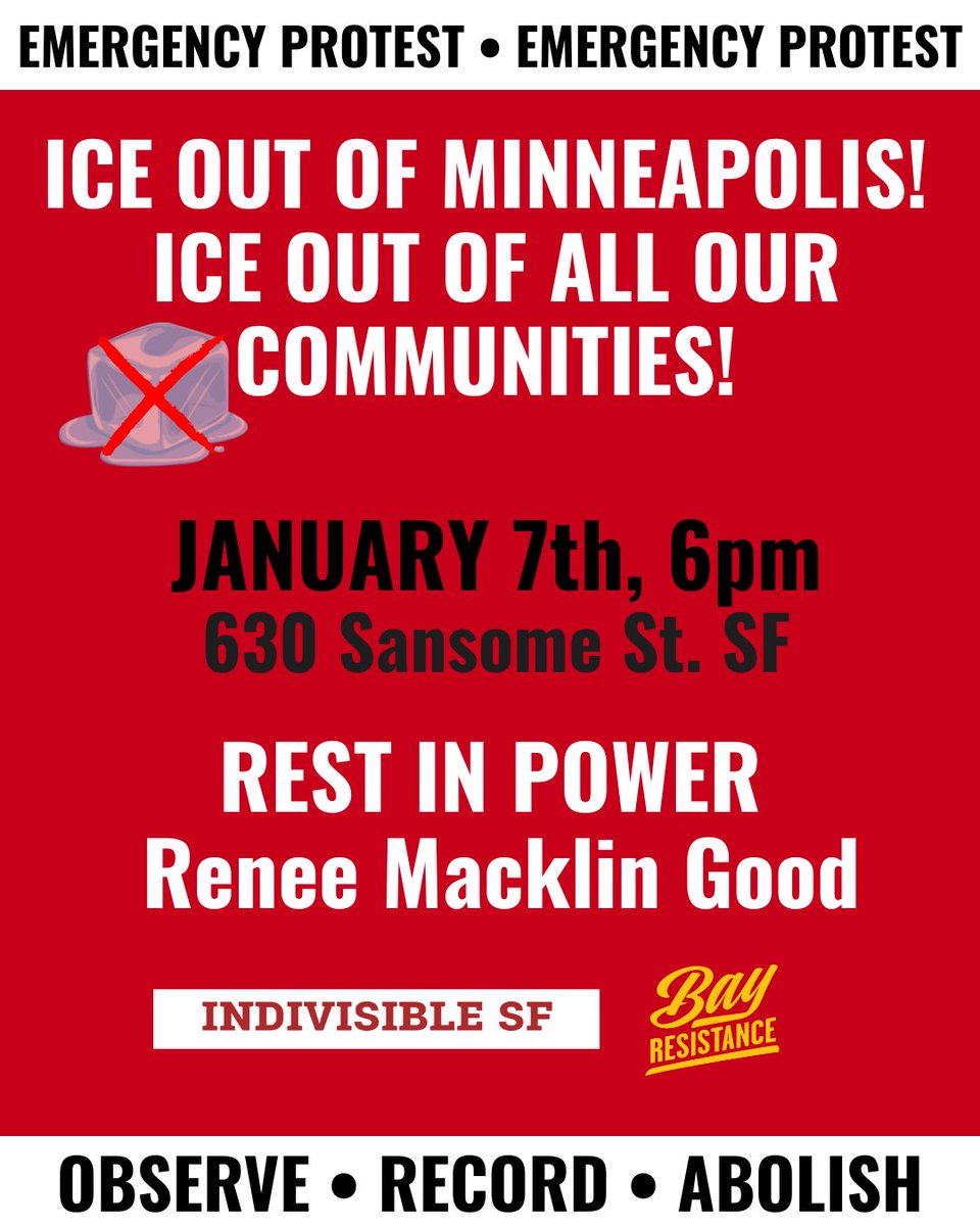 kath2cats's tweet photo. Boosting the signal for San Franciscans:

Emergency Action TONIGHT! 
Join us for an emergency vigil and protest in response to ICE killing a woman in Minneapolis. 630 Sansome St. SF at 6 PM. https://t.co/NaIgY7mt5k