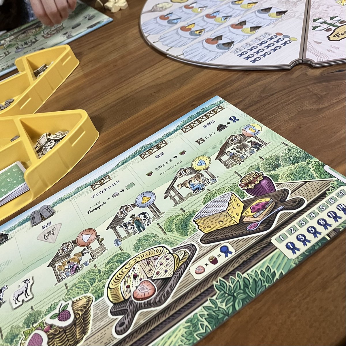 nusfrog's tweet image. 視線があったら駆けてくる🏃💨
『フロマージュ』

嫁様曰く「ボードゲームしてるなぁって感じで好き。ファラオンみたい。ボードゲームって感じ👍」との事。鮮やかなボードを回すのが楽しいし、置いたワーカーの目線がこちらを向けば手元に帰ってくる。３人皆んなこっち向いた時の喜び🤩