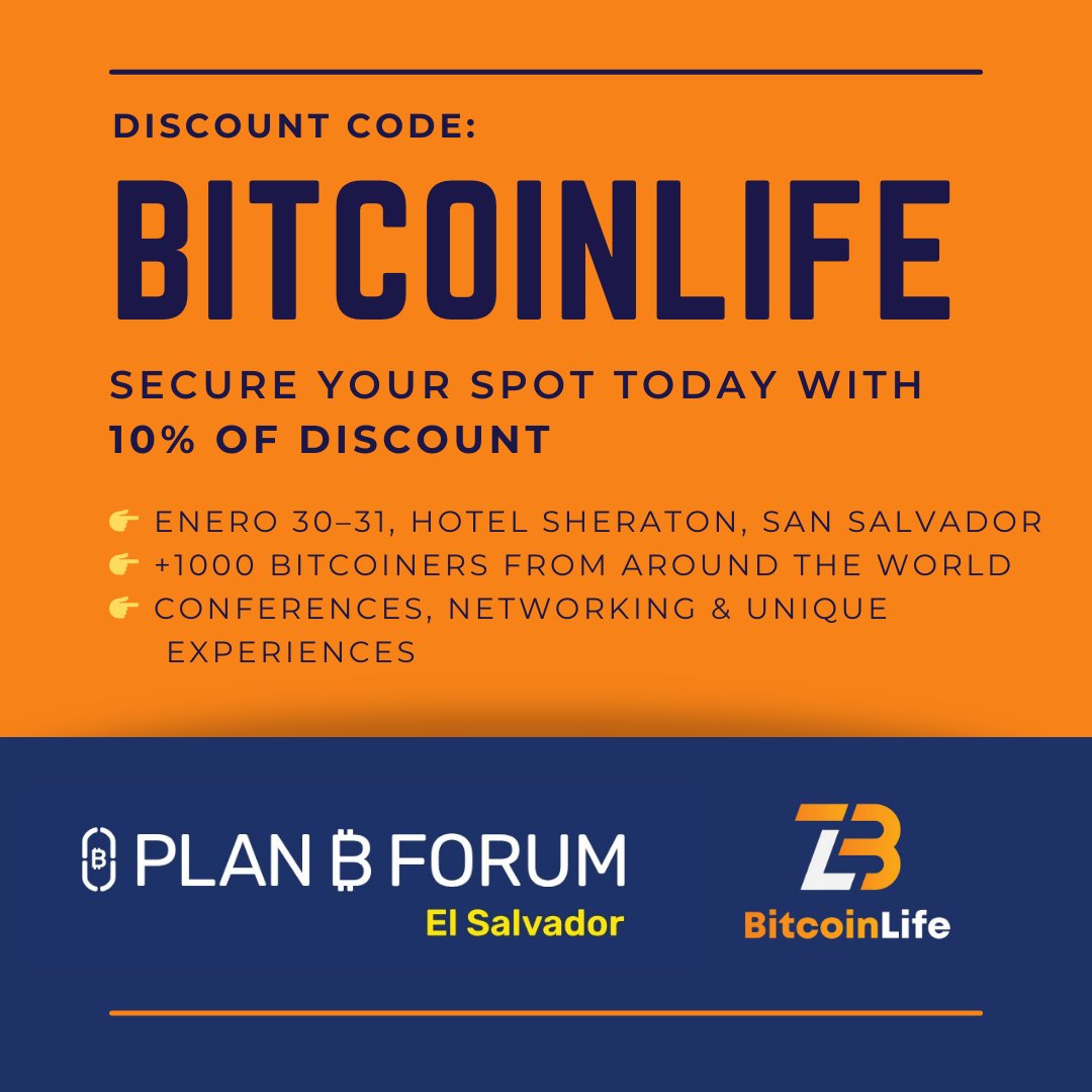 🎟️ Get 10% OFF the next Bitcoin conference in El Salvador! ⚡ Join  @PlanBElsalvador Conference 📍 Jan 30–31 | Sheraton Hotel, San Salvador 🌍  1,000+ Bitcoiners from around the world 🤝 Conferences,