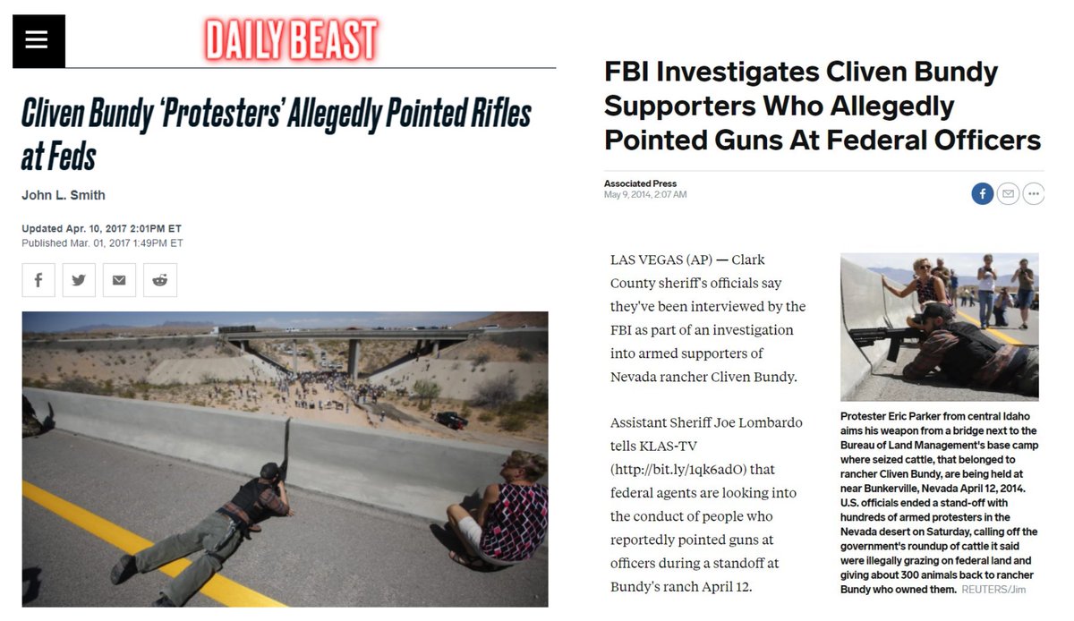 here are right-wing militias literally aiming assault rifles at federal agents and cops. None of them were shot or even arrested. But a mother who was driving away from ICE thugs was shot in the head by them and MAGA freaks are justifying it as as "legitimate clean kill"