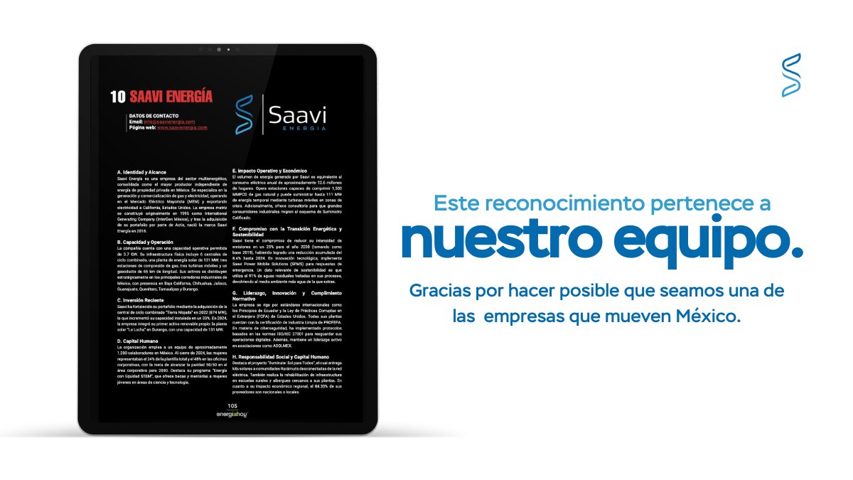 Aparecer en el ranking de <a href="/energiahoy/">Energía Hoy</a> es un honor, pero para #SaaviEnergía representa, sobre todo, la validación de una forma consistente de operar. 👷🏻‍♀️👷🏽‍♂️ 🇲🇽⚡ 

Este reconocimiento con visión 360° es resultado de nuestra operación sólida, innovación y fortalecimiento humano.
