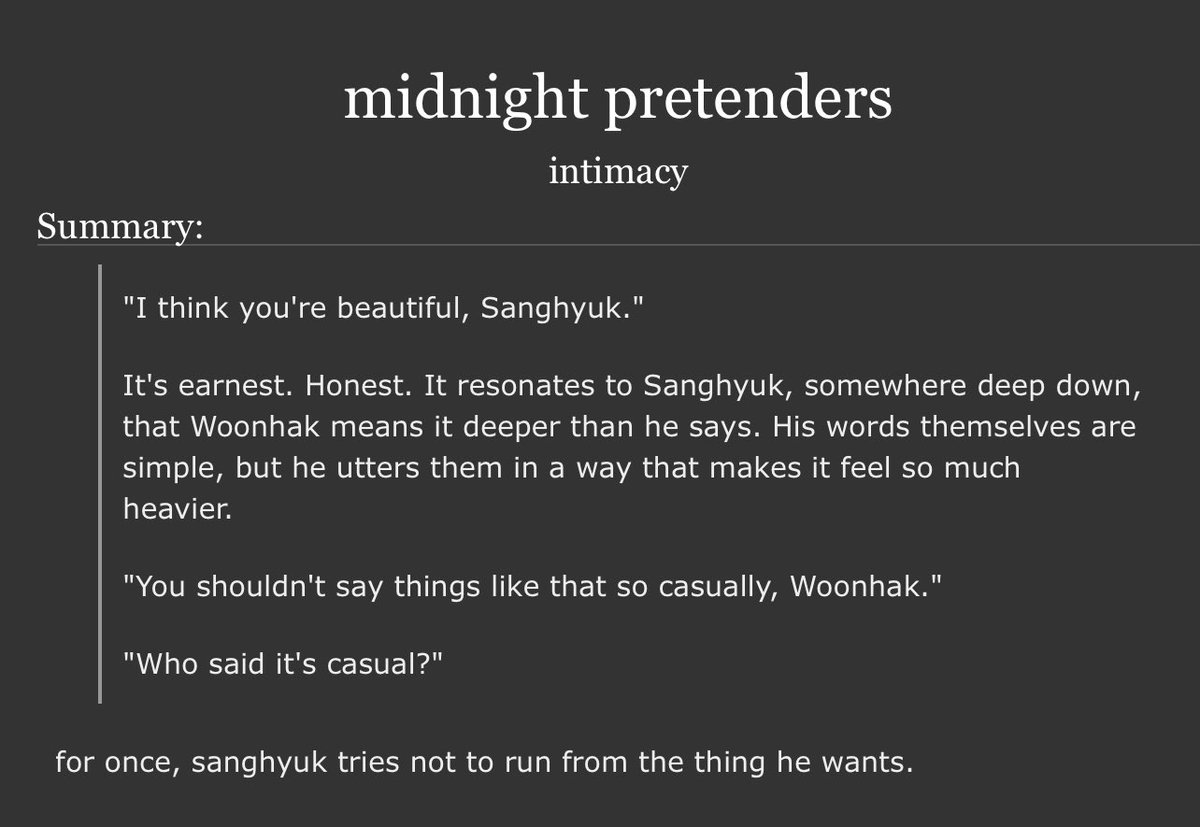 intimizzie's tweet image. midnight pretenders

༯ nakring/ringhak, 3k, rated g
༯ getting together, introspection, a little bit of a character study perhaps...

archiveofourown.org/works/77287091