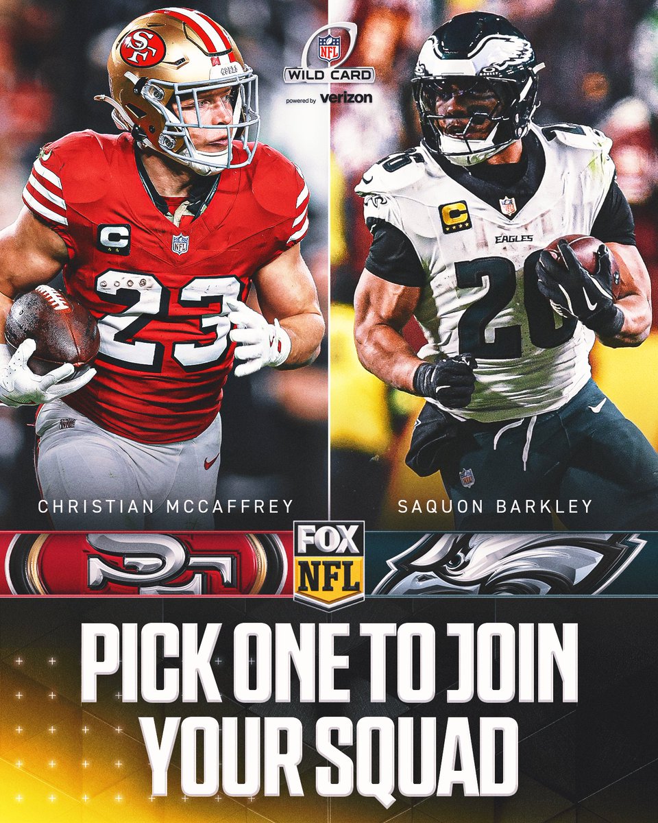 NFLonFOX's tweet image. Which running back from this Wild Card matchup are you choosing to join your squad, Christian McCaffrey or Saquon Barkley?

📺: @49ers vs @Eagles Sunday at 4:30pm ET on FOX
