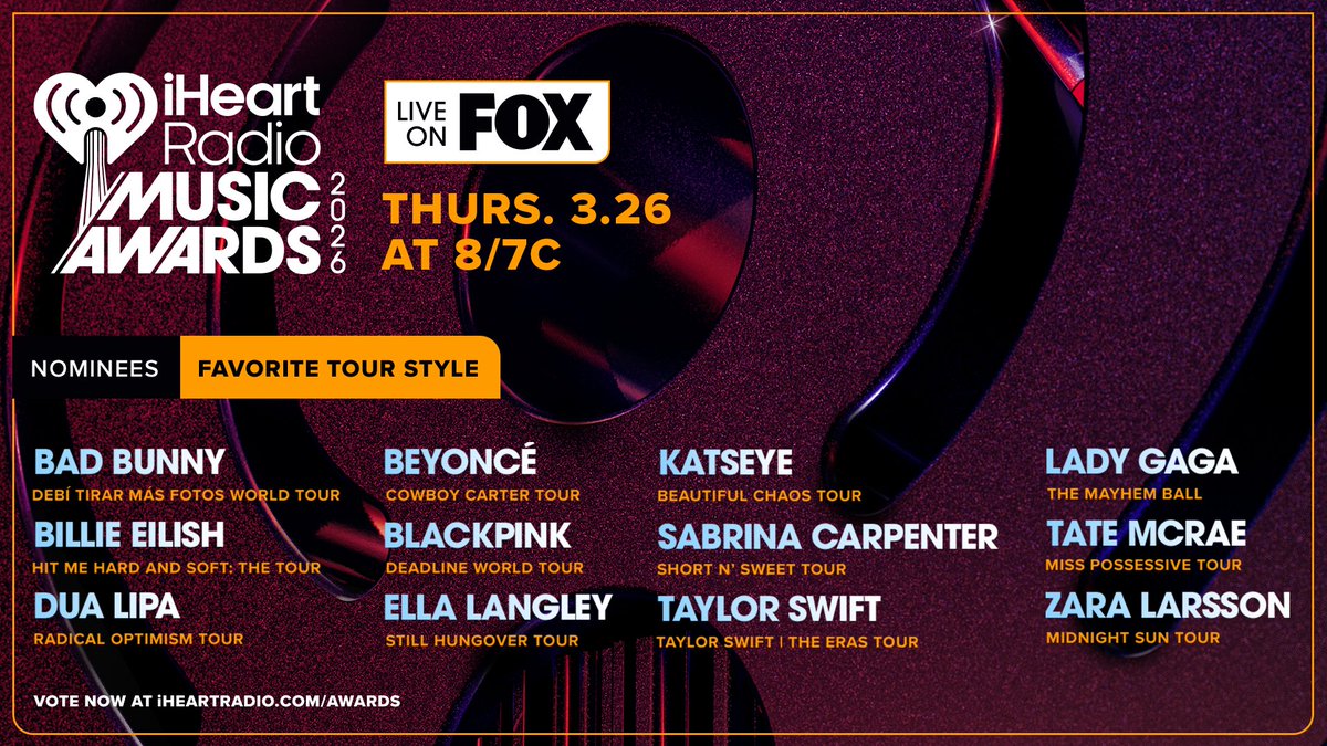 iHeartRadio's tweet image. ❤️‍🔥 FAVORITE TOUR STYLE ❤️‍🔥

Cast your #iHeartAwards votes now: iHeartRadio.com/Awards