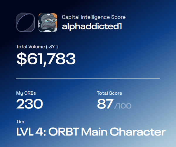 alphaddicted1's tweet image. Recognized as a LVL 4: ORBT Main Character with a DeFi strategy score of 87, earning 230 ORBs.

@ORBT_Protocol just got started and this is only the first reveal.

Check your score → defi.orbt.xyz/?referral_code…