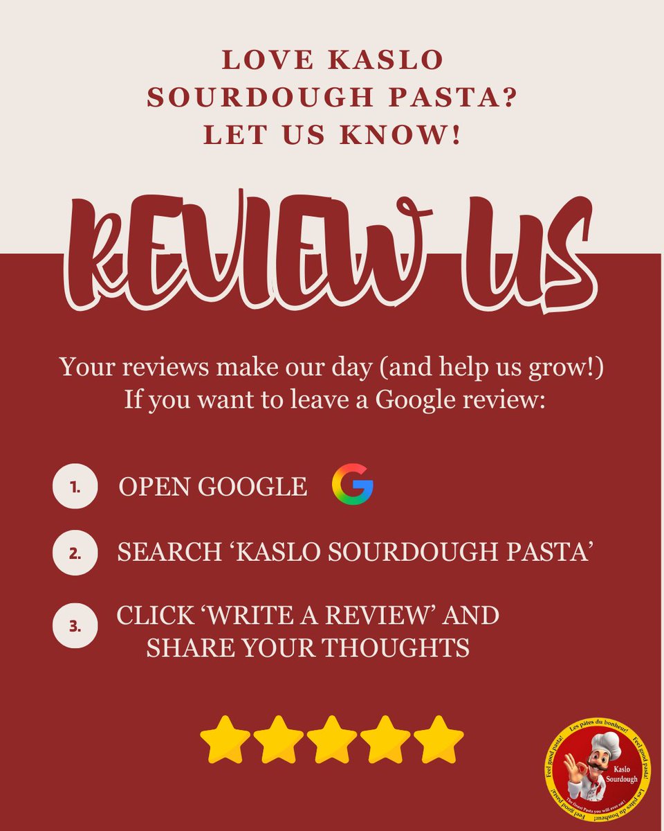Love Kaslo Sourdough Pasta? 🍝⁠
Your reviews help us grow and keep making pasta you love! 💛⁠
Follow the 3 steps in the image above to leave a Google review. Thanks for supporting us!⁠
⁠
#kaslosourdoughpasta #leavereview #googlefeedback #smallbusinessreviews #foodreviews