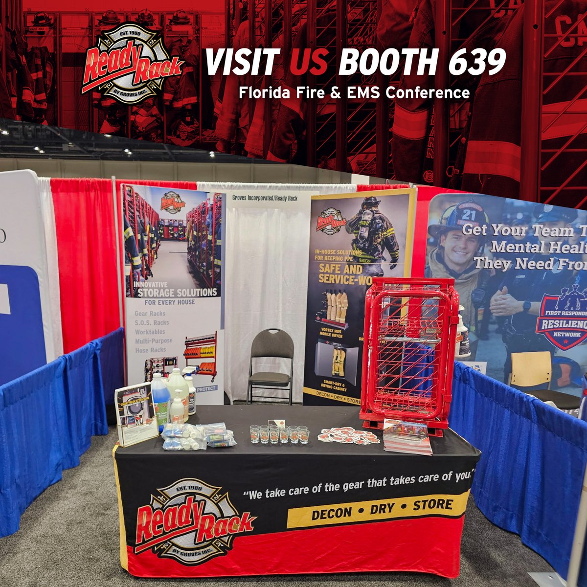 ReadyRack's tweet photo. We are live at the Florida Fire and EMS Conference! Stop by booth #639 to see how we “take care of the gear that takes care of you” with our latest decon, drying, and storage solutions. https://t.co/7B9yEGp3Po
