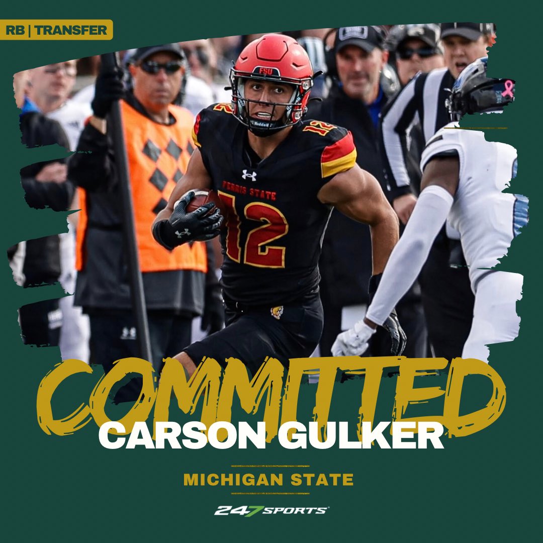JustinThind's tweet image. BREAKING: #MichiganState has landed Ferris State weapon Carson Gulker, per @AllenTrieu.

He chose MSU over LSU and others.

Gulker played tight-end, h-back, running back &amp;amp; quarterback for the D2 champs - putting up major stats in all phases.

More (FREE): 247sports.com/college/michig…