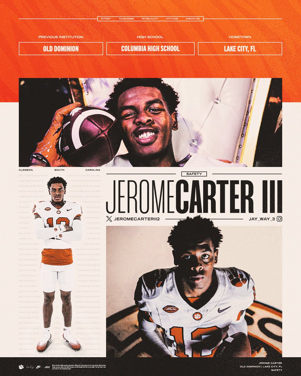 ClemsonFB's tweet image. JC3 in the building. Welcome to the Clemson Family, @JeromeCarterII2! 🐅 #ALLIN