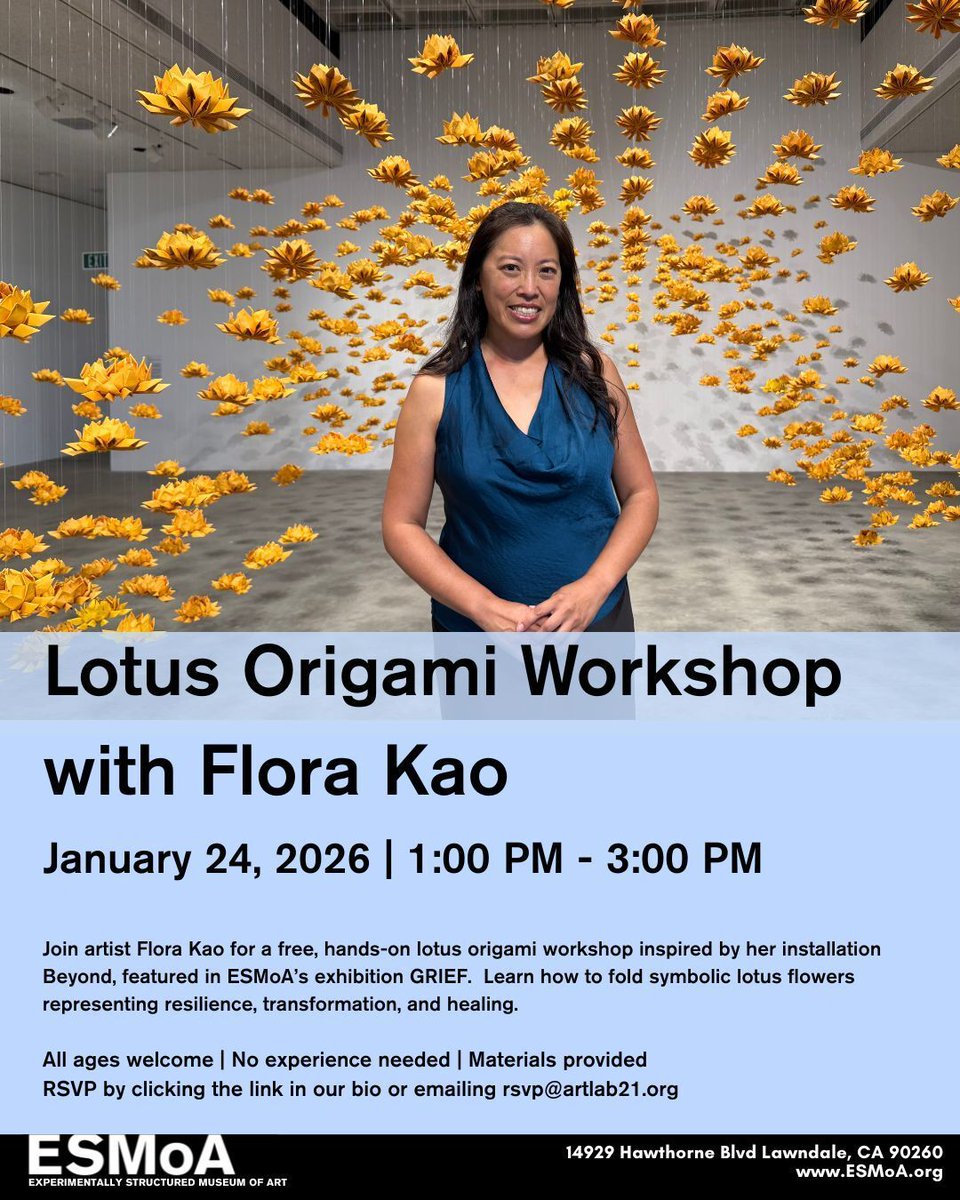 esmoaorg's tweet image. Lotus Origami Workshop with Flora Kao 
📅 Sat, Jan 24, 2026 | 1–3 PM

Free, hands-on lotus origami workshop inspired by Beyond from ESMoA’s GRIEF. A meditative practice centered on healing and transformation.
All ages welcome | Materials provided
RSVP: link in bio