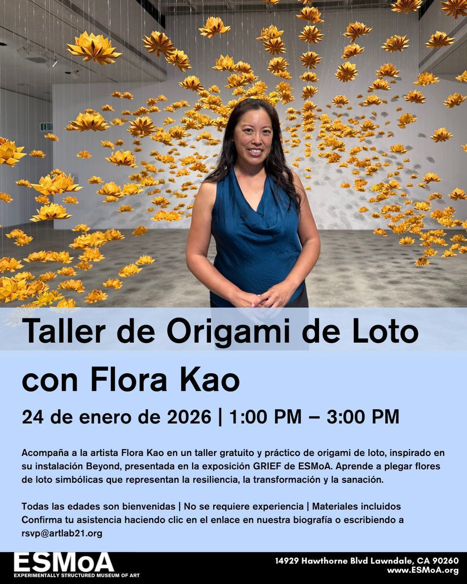 esmoaorg's tweet image. Lotus Origami Workshop with Flora Kao 
📅 Sat, Jan 24, 2026 | 1–3 PM

Free, hands-on lotus origami workshop inspired by Beyond from ESMoA’s GRIEF. A meditative practice centered on healing and transformation.
All ages welcome | Materials provided
RSVP: link in bio