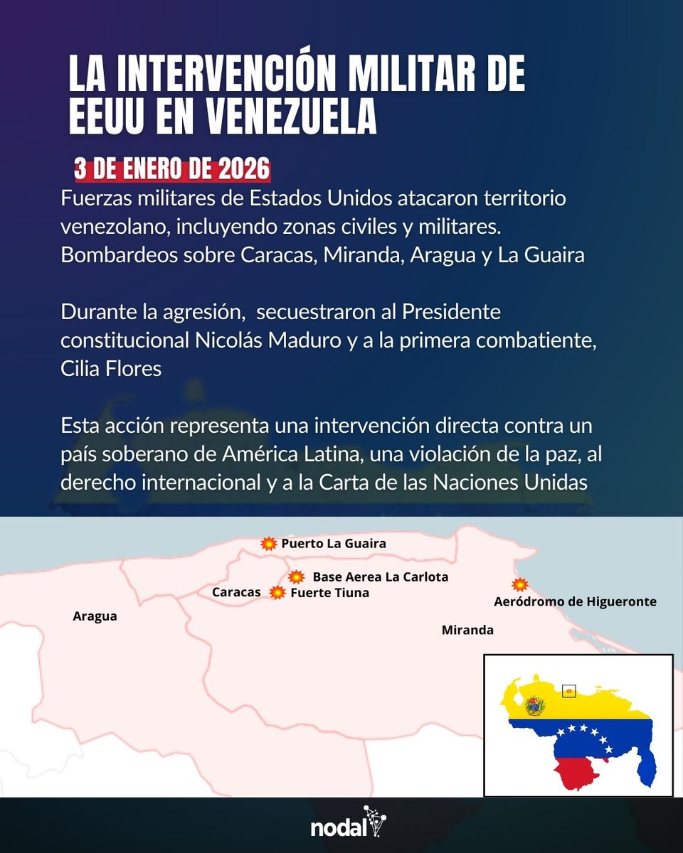 🇻🇪#VENEZUELA BAJO ATAQUE 🇺🇸

El 3 de enero fuerzas militares de EEUU atacaron territorio venezolano, bombardearon zonas civiles y militares, secuestraron al presidente Nicolás Maduro y a Cilia Flores. Violación directa de la Carta de la ONU y del derecho internacional.

1/7 🧵