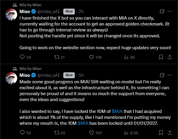 stitchdegen's tweet photo. My thesis on $MIA is not about how many x it can pump overnight

This is a play for those who view memes with a long-term mindset , where value comes from building a real product, not just short-lived hype

1 :  Real product, not just slideware

$MIA is being built as an AI companion with emotions, memory, and direct user interaction.

Not a vague whitepaper project:

-Live demo
-Sandbox available
-Website being updated continuously
- X bot already running smoothly

This is extremely rare in the current memecoin landscape.

2 : Active, transparent dev team building in public

The $MIA dev updates progress almost daily, fixes bugs based on community feedback, and openly shares what’s still imperfect

This is true “build in public” , something you almost never see in meme projects, and a strong signal of a serious team

3 :  Long-term commitment shown through action

The dev has locked 10 million $MIA (~1% of total supply) until 01/01/2027

No empty promises ,  this is a real commitment of both capital and time, showing they’re not here for a quick exit

4 :  An expandable narrative

$MIA is not just an AI chat gimmick.
An AI with emotions that reacts to context , even market conditions , opens up many paths : 

- Interaction on X
- Livestreaming
- Gaming
- VRChat
- Community-driven experiences

This is a narrative that can grow over time, not one locked into a single meme theme

5 : The chart reflects the story

$MIA’s price structure is relatively clean:

- Higher lows, higher highs
- Tight pullbacks
- No brutal death dumps

Volume doesn’t look artificially inflated

Most corrections shake out paper hands, while remaining holders are betting on the longer-term story

In a market where attention is extremely short-lived,
$MIA stands out as a play worth tracking and patiently holding ,  not a quick in-and-out flip

FyPDfX92B4uEk4zZouy96d1Kk1LgnCznBpzAFSsZpump