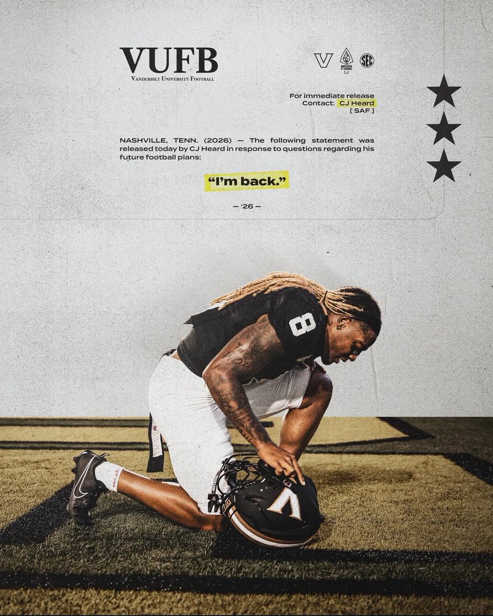 TheDoreReport's tweet image. Vanderbilt S CJ Heard announces he’s back

“Unfinished Business.”

(IG/cjheard_)