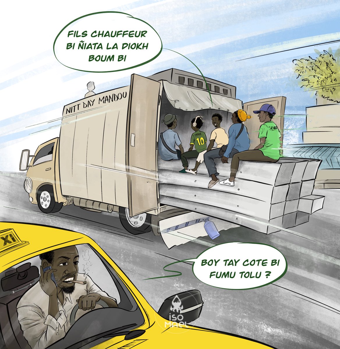 Scène ordinaire, danger ordinaire.
Une illustration inspirée de notre quotidien au Sénégal,
où l’ingéniosité dépasse parfois la discipline.
Sourire aujourd’hui, réfléchir demain.
#isomael #kebetu #NittuTey