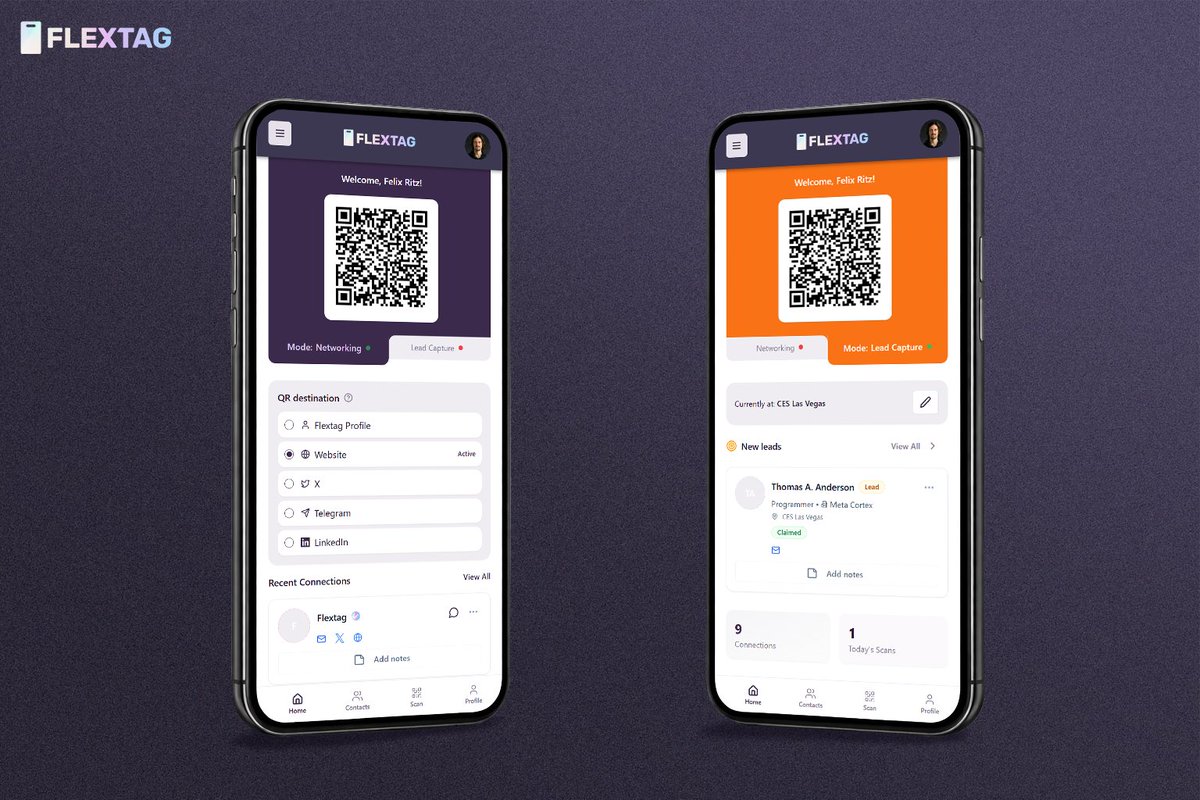 Just in time for CES Las Vegas, we are launching the beta for the Flextag web app. 
Two modes (Networking and Lead Capture), many features: 

- Manage your connections 
- Change your QR destination anytime 
- Filter contacts by event &amp; location 
- Collect and follow up with leads