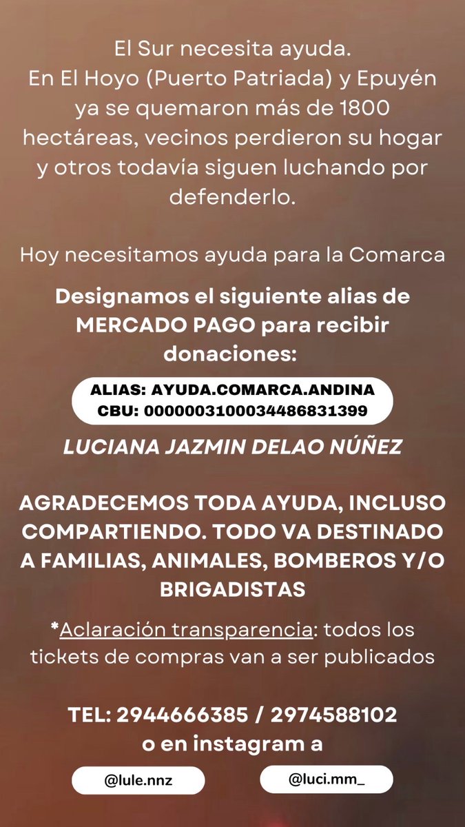 luci_mm_'s tweet photo. Hola! Como el verano 25 para El Bolsón, estamos haciendo una colecta solidaria para el incendio que está afectando a El Hoyo (Puerto Patriada) y Epuyén, en Chubut. 

Toda ayuda es bienvenida, incluso compartiendo 🤍

Muchas gracias de antemano, la Comarca hoy nos necesita 🙏🏼 https://t.co/caSfacOyeD