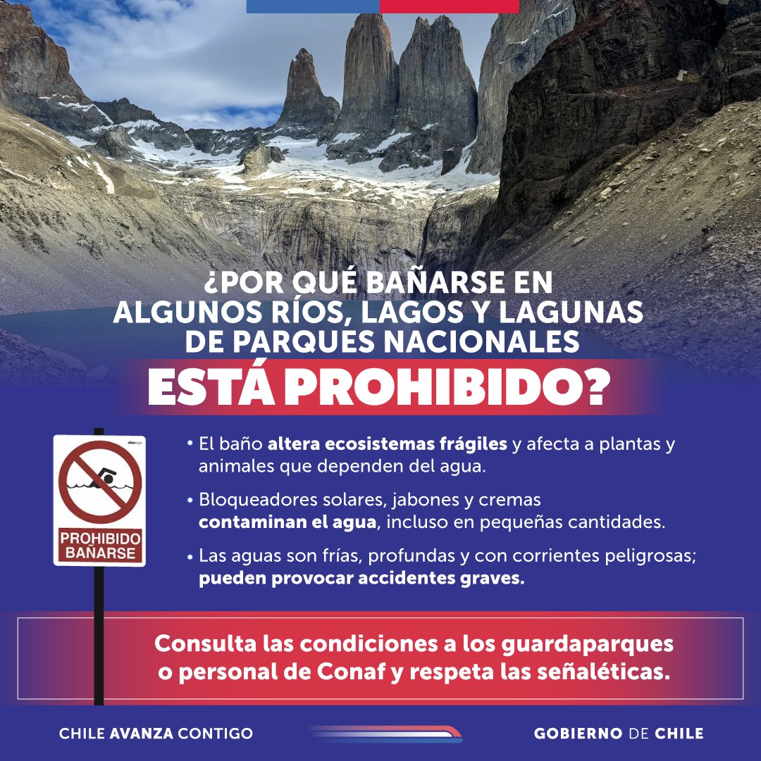 GobiernodeChile's tweet image. 🚫 Las aguas de algunos parques nacionales provienen de glaciares y el riesgo de choque térmico o hipotermia puede poner en peligro tu vida. Además, el ingreso humano puede dañar ecosistemas frágiles e introducir especies invasoras.

Por eso, estas conductas están sancionadas por…