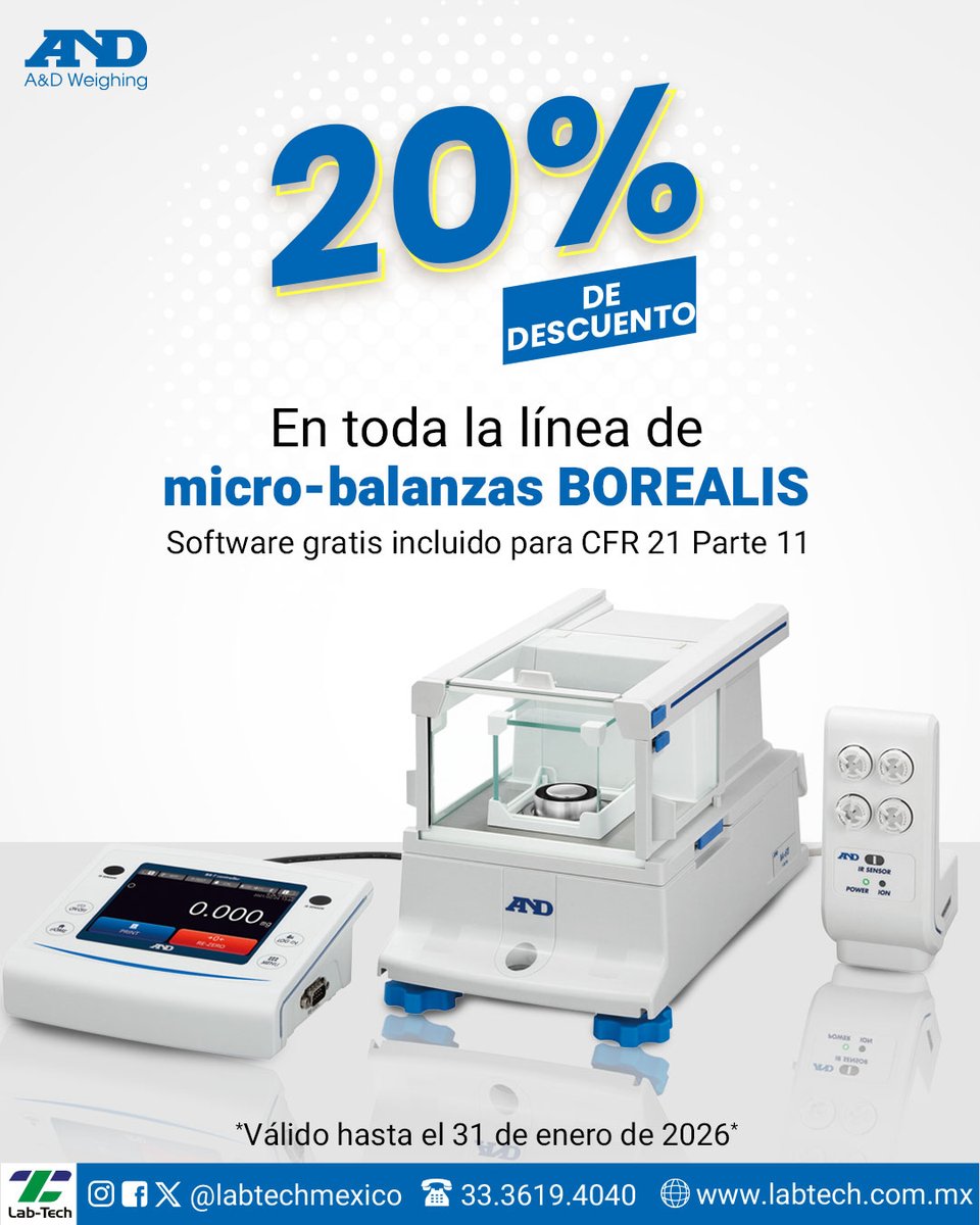 LabTechMexico's tweet image. ¿Buscas precisión confiable en tu laboratorio?
💥 Descuento adicional en la línea de micro-balanzas BOREALIS de A&amp;amp;D
Exactitud, estabilidad y facilidad de uso para el trabajo diario.
📩 Contáctanos para cotizar.
⏳ Oferta por tiempo limitado.