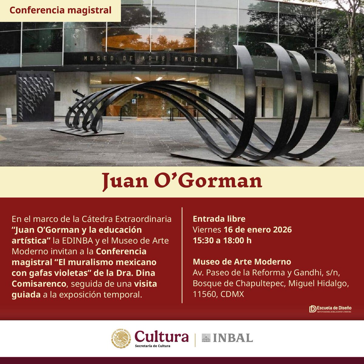 El MAM recibirá a la Cátedra Extraordinaria “Juan O’Gorman y la educación artística”. La Dra. Dina Comisarenco impartirá la conferencia.
Al finalizar, se ofrecerá una visita guiada a la exposición temporal (cupo limitado a 30 personas). Registro previo en: bit.ly/3XK5Uso