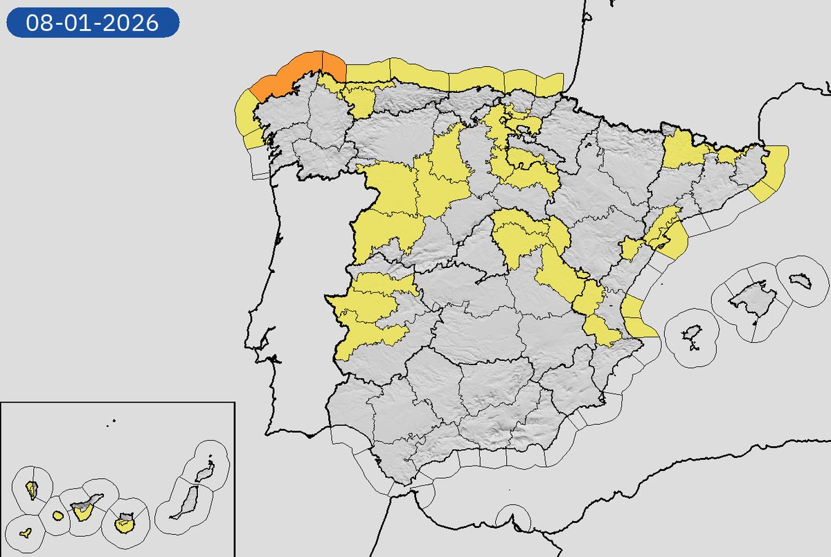 AEMET_Esp's tweet photo. 08/01 00:06 AVISOS HOY Y MAÑANA | España: costeros, nevadas, vientos, nieblas y temperaturas mínimas. Nivel máximo de aviso: naranja.
Actualizaciones en https://t.co/BLdoSsO2Qv https://t.co/04A96xNMlm