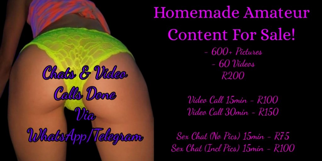 DebzDeBeer's tweet photo. Menu

600 Pictures &amp; 60 Videos - R200
300 Pictures &amp; 30 Videos - R150

Video Call (30min) - R150
Video Call (15min) - R100 

Sex Chat (With Pictures) - R100
Sex Chat (Without Pictures) - R75

Custom  Content - R300 https://t.co/bFUAkANC9B