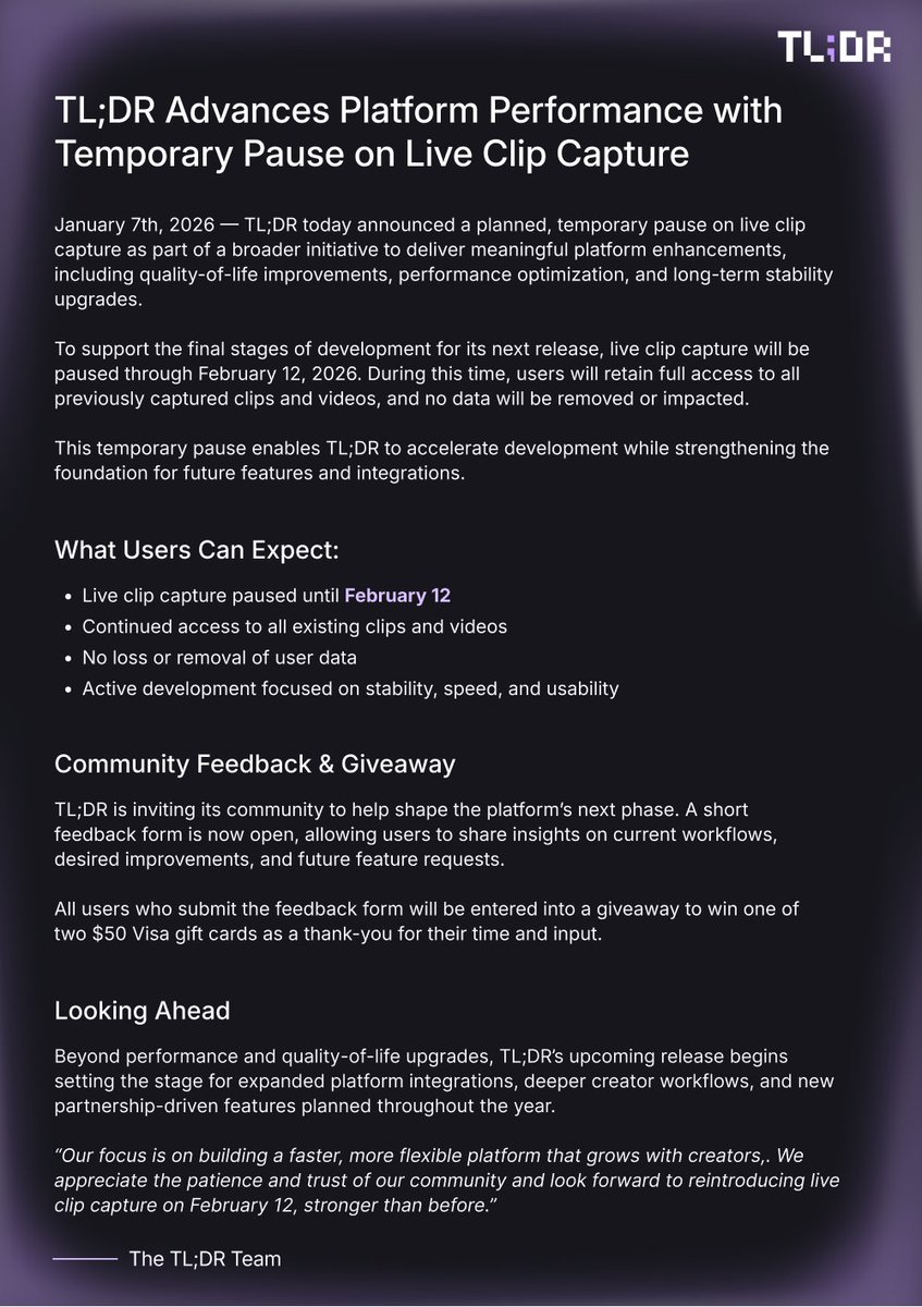 Platform Update 📣

Live clip capture is temporarily paused as we ship performance and quality-of-life upgrades.

• Clips remain accessible
• No data loss
• Live capture returns February 12

Share your feedback for a chance to win a $50 Visa gift card! newsletter.tl-dr.tv/feedback
