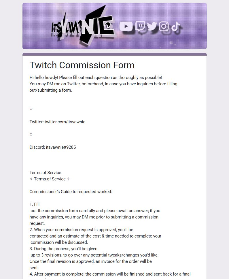 SURPRISE! The commission form is officially open to all and I'm happy 🥹 You can fill out the form and request artwork!

There are currently 3 slots left and it's first come, first served so get in while you can! Can't wait to work with u all.

~Vawnie💖

docs.google.com/forms/d/e/1FAI…