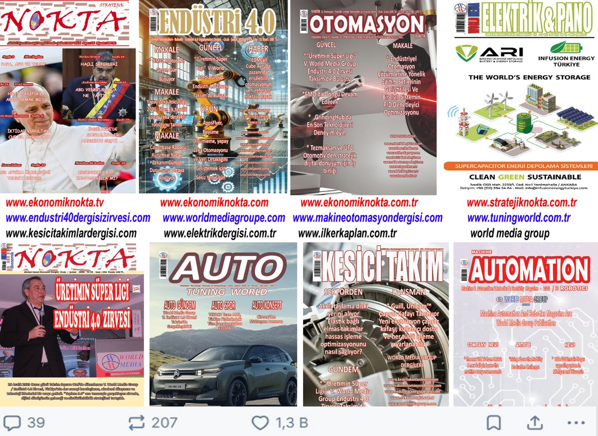 World Media Group, ocak şubat 2026'da yayınladığımız dergilerimiz_köşe Yazıları ekonomiknokta.com

V. World Media Group / Endüstri 4.0 Zirvesi  Başarı ile sonuçlandı. TV mizden 
ekonomiknokta.tv/canli-izle
Veya  youtube kanalımızdan izleyebilirsiniz. 
youtu.be/vIlNAoOfV7k?si…