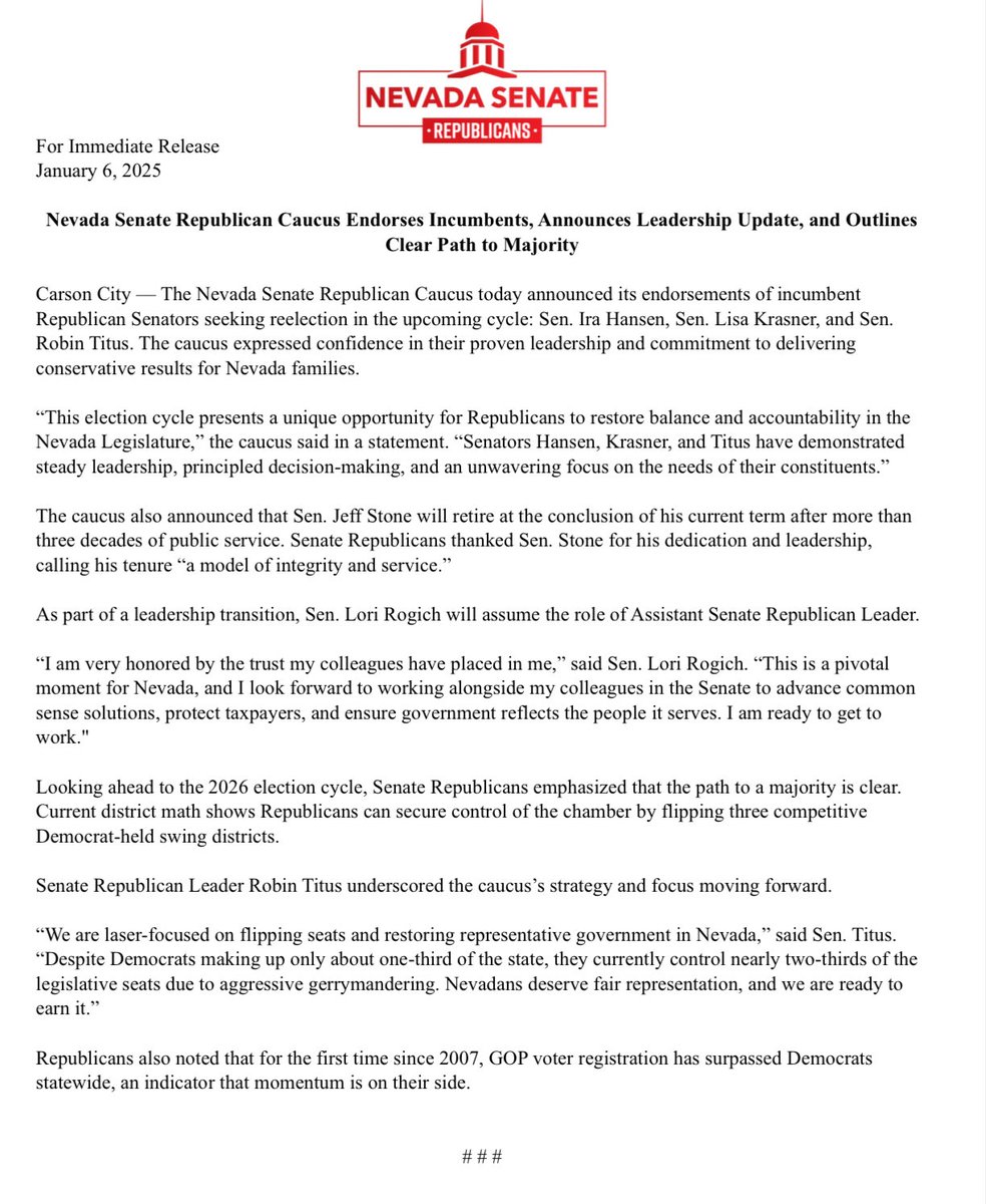 The NV GOP Sen Caucus is proud to endorse the following Senators for reelection:

Senator Robin Titus
Senator Lisa Krasner
Senator Ira Hansen

#nvleg <a href="/drrobintitus/">Dr. Robin Titus</a> <a href="/LisaKrasner4NV/">Lisa Krasner, JD; BA</a> <a href="/Irahansen/">Ira Hansen</a>