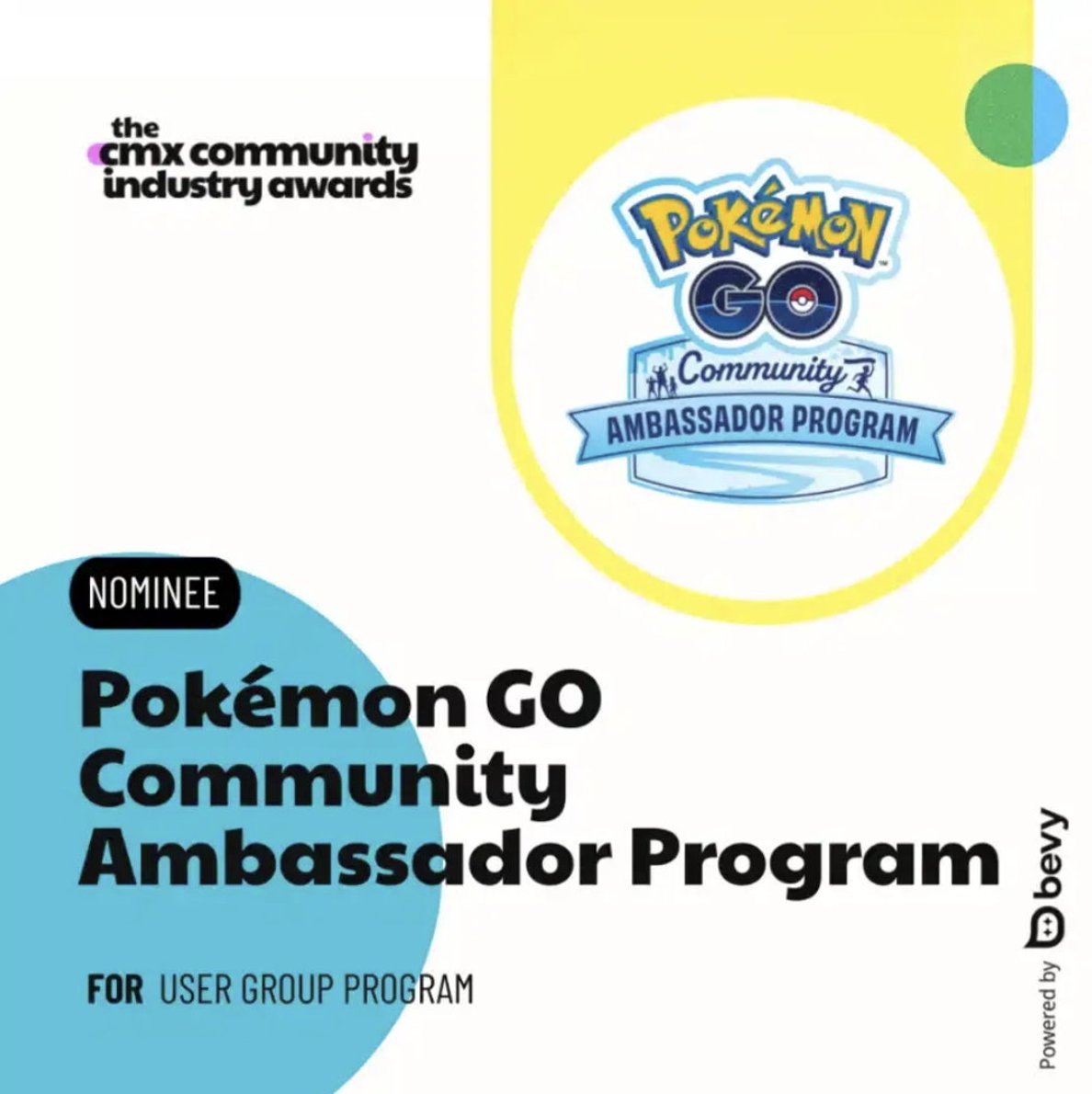 The <a href="/PokemonGoApp/">Pokémon GO</a> Community Ambassador Program has been nominated for Best User Group in the CMX Community Industry Awards, and voting is open!

🔗 cmxhub.com/awards
☝️ Voters can submit one vote per category
🗳️ Scroll down to 𝗨𝘀𝗲𝗿 𝗚𝗿𝗼𝘂𝗽 𝗣𝗿𝗼𝗴𝗿𝗮𝗺 and vote