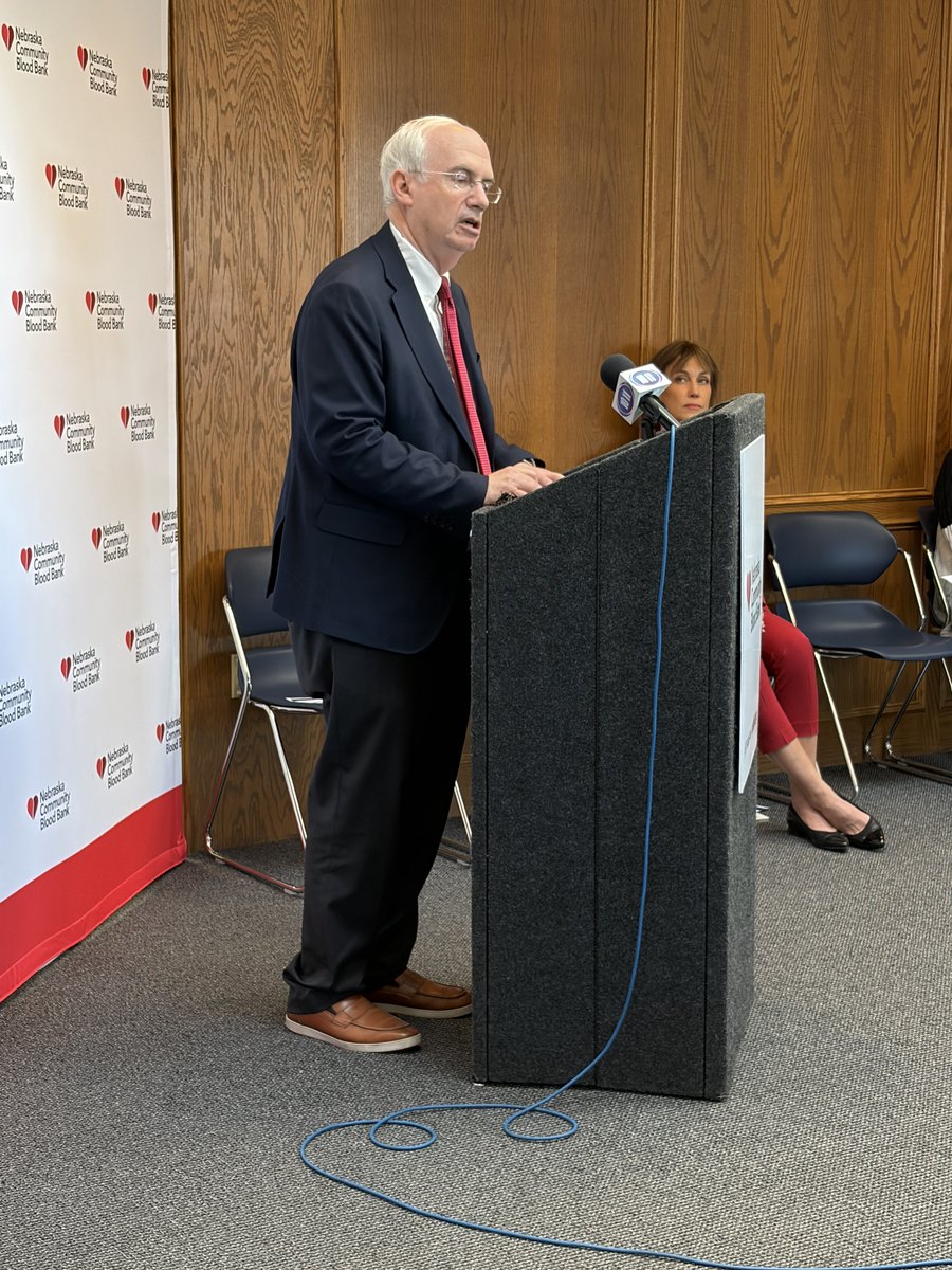 UofNE_President's tweet photo. Grateful for the opportunity to join @NEBloodBank leaders, @MayorLeirion and special guests this afternoon to celebrate National Blood Donor Month.

The need for blood is constant. Some blood centers report less than a one-day supply at times, and blood is one of the few things in modern medicine that cannot be manufactured or replaced. It must be generously given by another person, making every single donor essential.

This month—and every month—I encourage all Nebraskans to consider making a life-saving blood donation and share the message that giving blood saves lives.