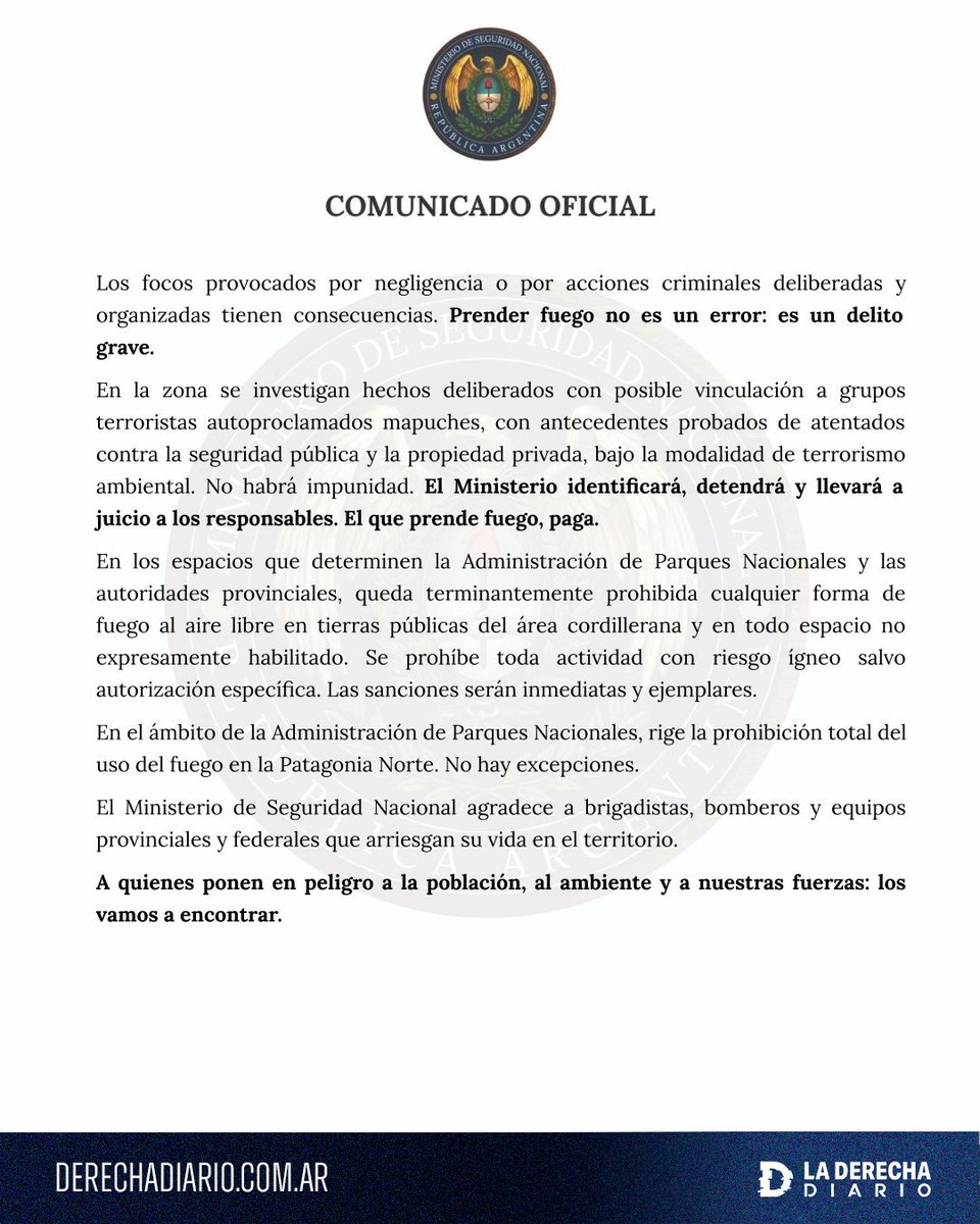 🚨🇦🇷🇨🇱 | #URGENTE El Ministerio de Seguridad Nacional de Milei emitió un comunicado para informar sobre el inmenso operativo de combate a los incendios en Chubut, provocados por terroristas autoproclamados mapuches, y advirtió que castigará severamente a los autores del crimen