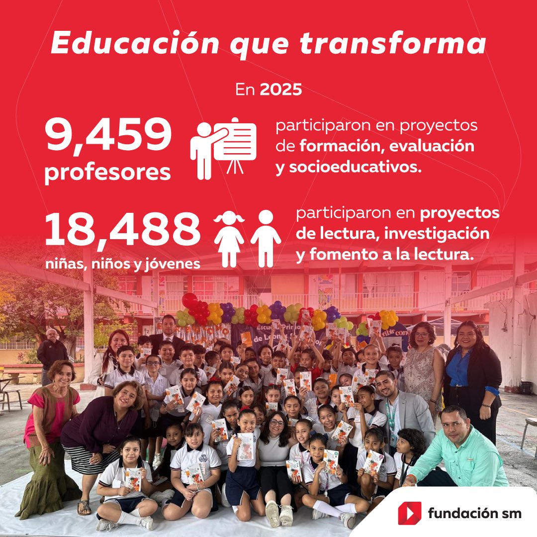 Iniciamos 2026 reconociendo el impacto de 2025.
9,459 docentes y 18,488 niñas, niños y jóvenes participaron en proyectos educativos y de lectura de Fundación SM México.

Este año seguimos ampliando oportunidades para aprender, leer y crecer.

#JuntosCuidamosLaEducación