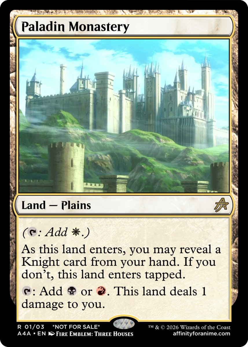 affinity4anime's tweet photo. These 3-color lands inspired by Murmuring Bosk may be the same colors, but I can change which is the "central" color for each creature type. For example, knights are centered in white and vampires in black, but both are Mardu. #mtg #magicthegathering #custommtg #proxy #EDH https://t.co/69k1ndppS0