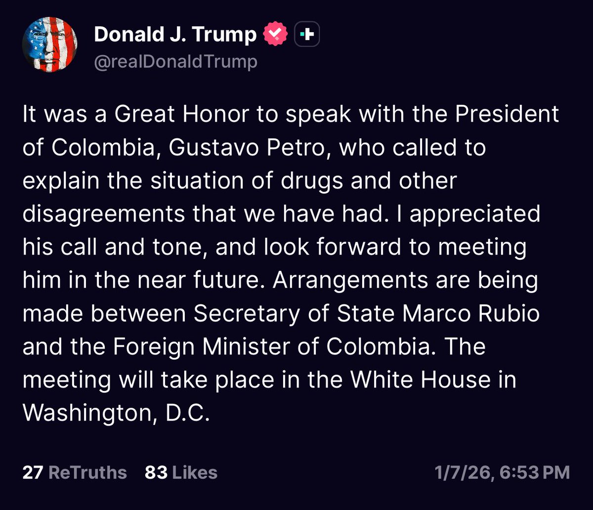 🚨 <a href="/POTUS/">President Donald J. Trump</a> invitó al presidente <a href="/petrogustavo/">Gustavo Petro</a> a la Casa Blanca dice que fue un “honor” hablar con él. El desescalamiento de las tensiones con EEUU es oficial.