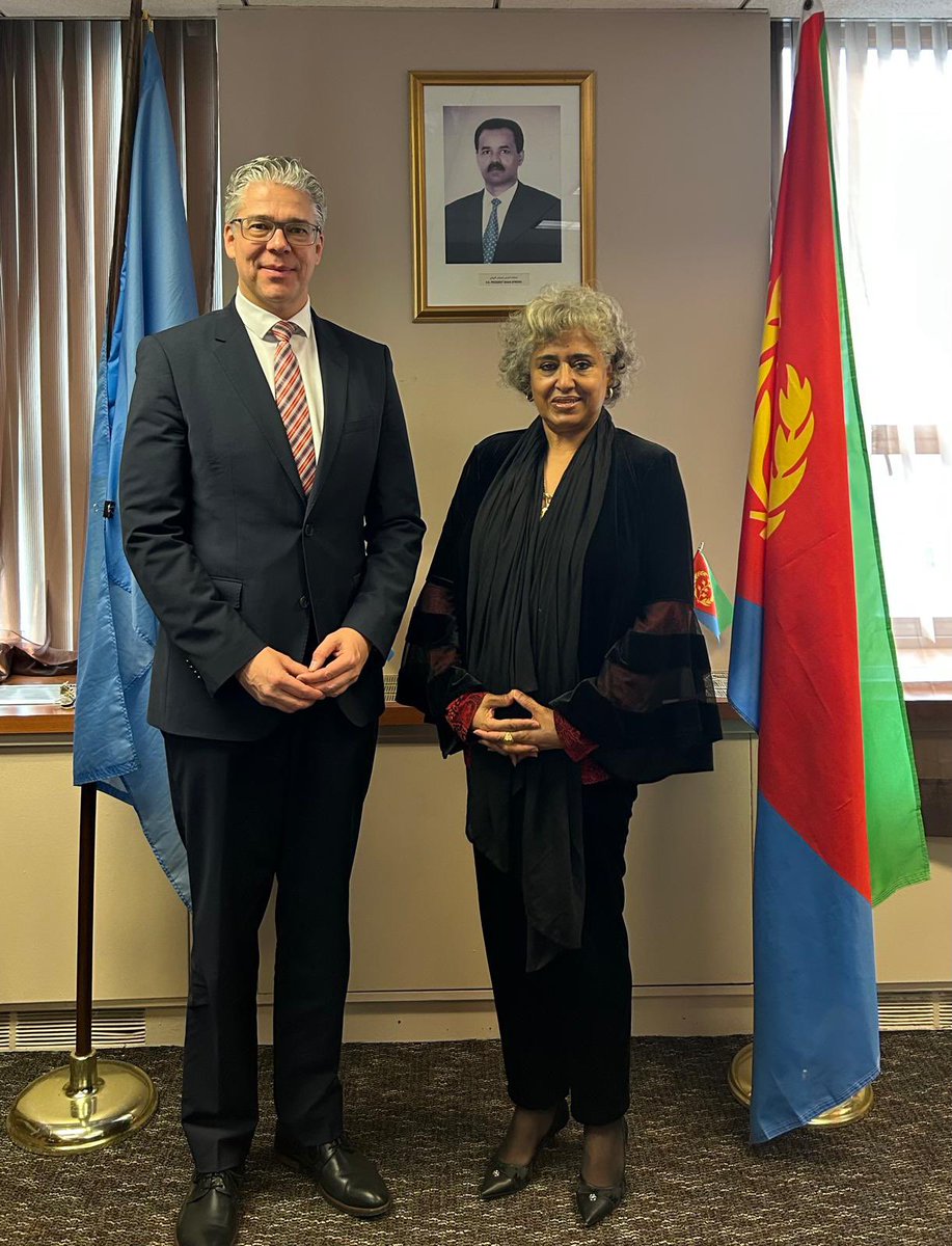 Eritrea_UN's tweet photo. @AmbStesfamariam welcomed H.E. Ricklef Beutin, Permanent Representative of @GermanyUN to the @Eritrea_UN . The discussions focused on strengthening bilateral relations, regional developments, cooperation within the multilateral system, and the #Eritrean Diaspora in #Germany, among other issues. 

Against a backdrop of rapidly changing global dynamics, the exchange underscored the shared responsibility of all Member States to contribute to a more responsive, effective, and relevant @UN

🇪🇷🇩🇪
