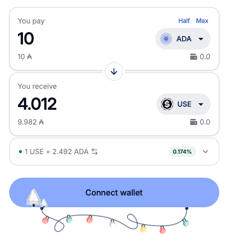 $ADA–$USE liquidity pool has been launched on Cardano

Liquidity is currently limited, so please trade with caution and know your assumptions

Cross-check the policy ID: ca769ee7ee7307ceff20508dbb01a873a5b3226f0a563a81912c67b5