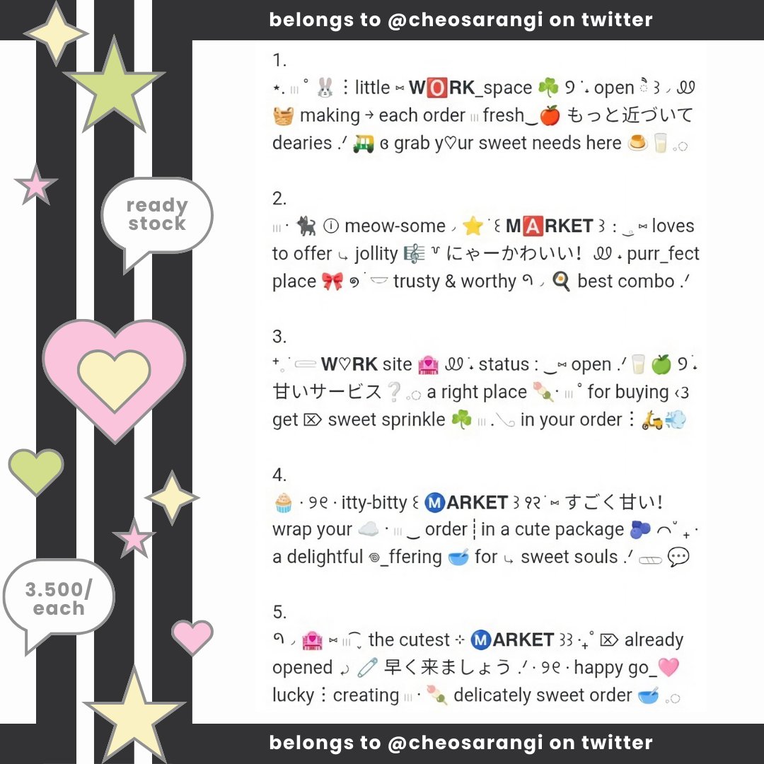 cheosarangi's tweet image. please help me with repost? danke! 

˖ ˚ ꒰ ⑅ ding-dong .ᐟ ꒱ freshly baked ⨾ 5 wording biographies ready to use suitable for all ba 𑁯◞♡ kamu memerlukan ⓘ 3.500 koin ‘tuk miliki tiap bio yaa

t. rs stok stock #zonauang #zonajajan